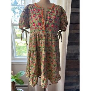 Roopa Pemmaraju Floral Embroidered Cotton Tiered Mini Dress Green Orange XL